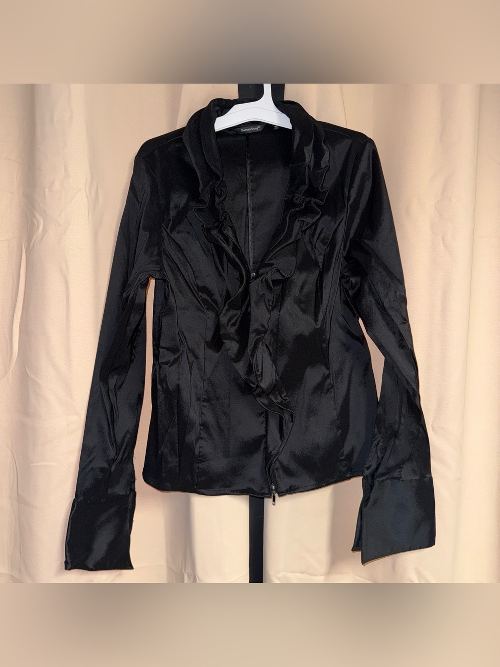 Samuel Dong black ruffled collar stretch full zip jacket